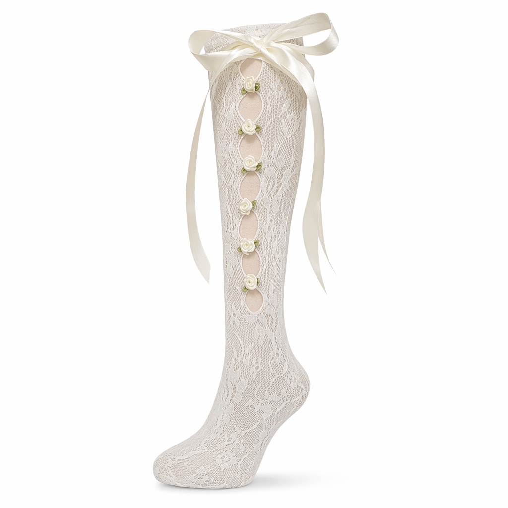 Lolita Lace Ribbon Rosebud Stockings in Black or White Cream Bow Side White Rosebuds