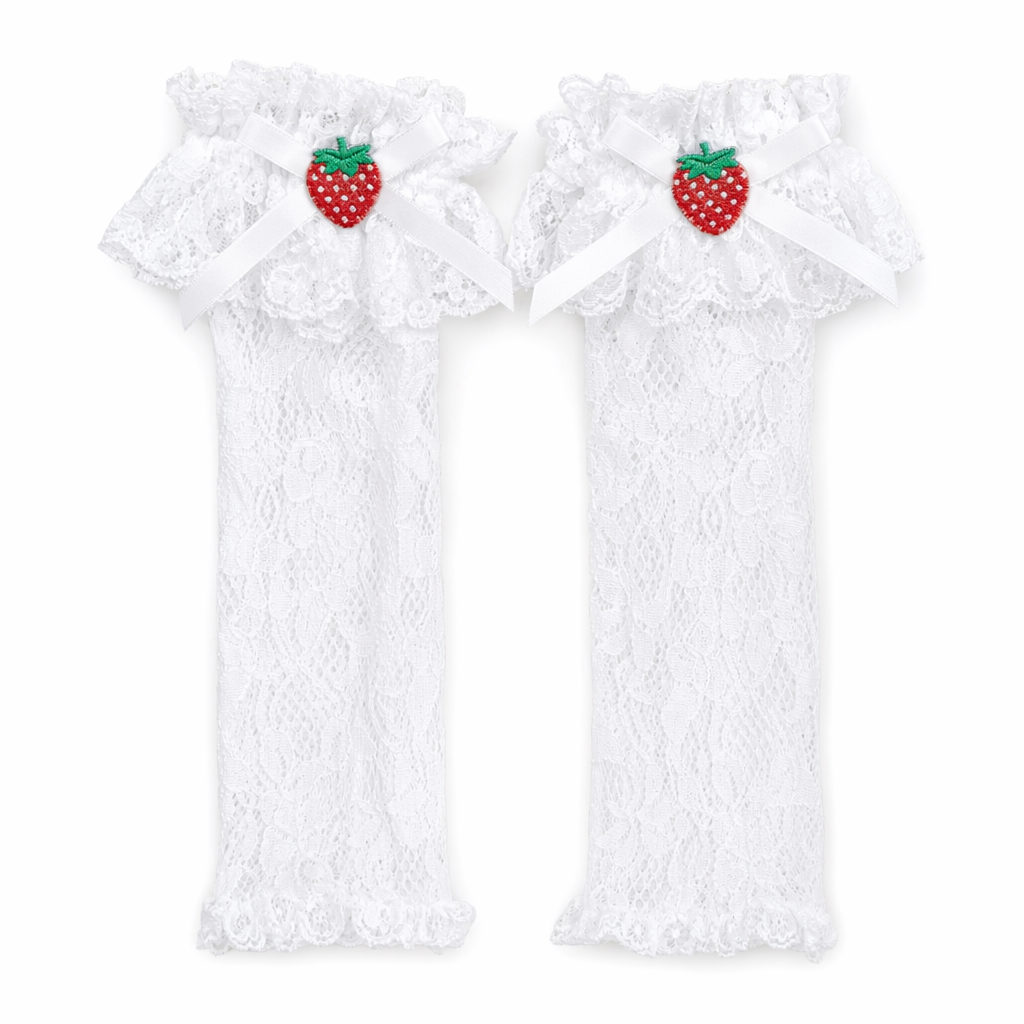 Lace Knee-High Stockings with Ruffles and Strawberry Silk Ribbon White