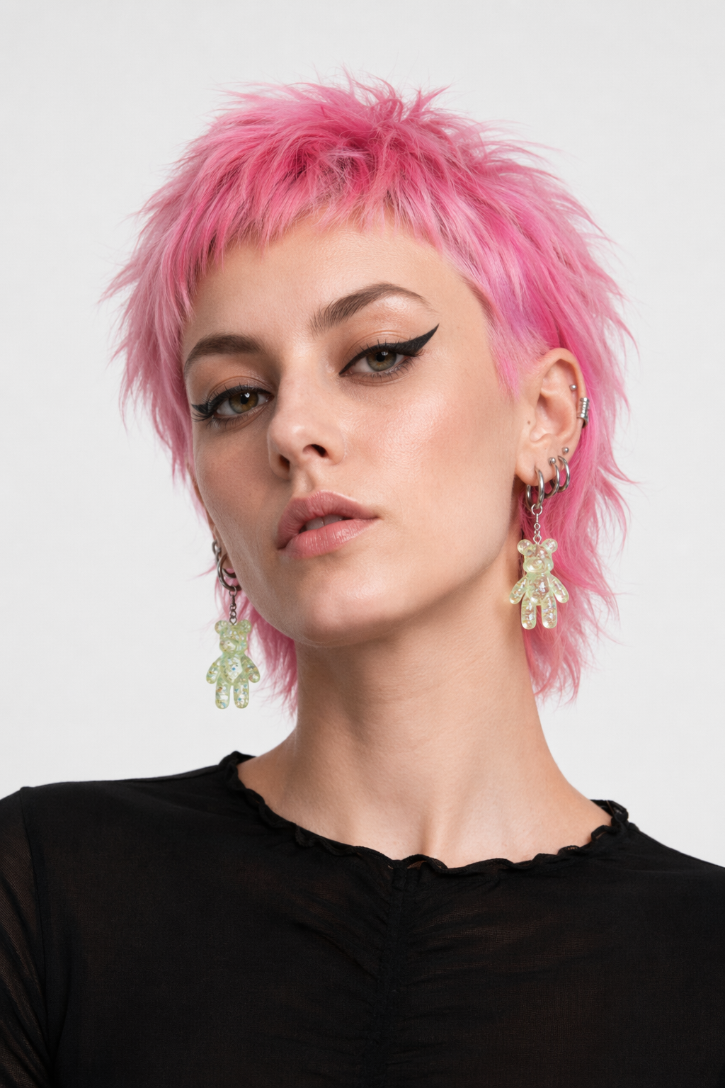 Kawaii Large Bear Earrings in Bright Glittery Colors Green