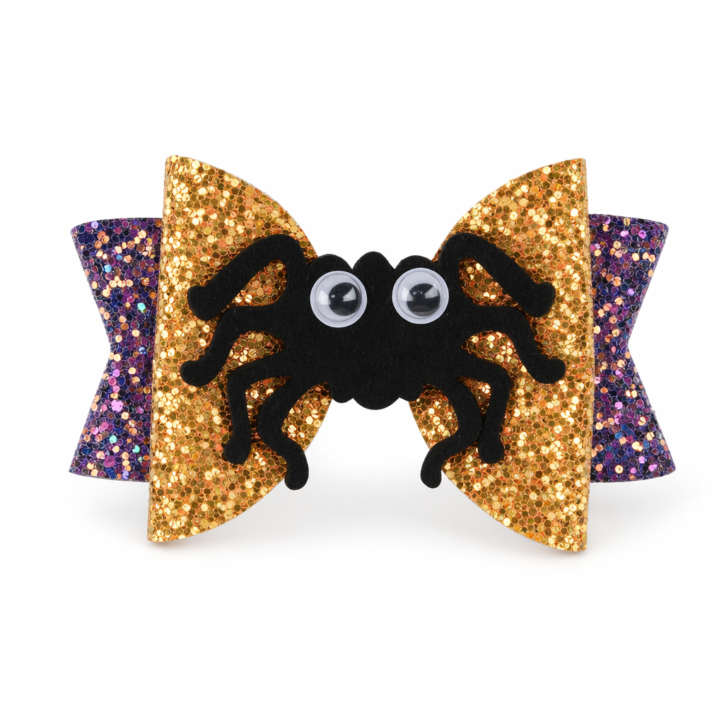 Glittery Halloween Hair Bows with Spooky Cabochons in Stock Spider