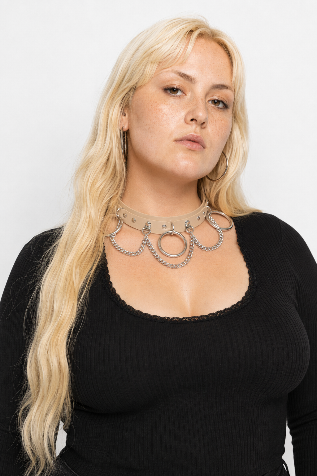 Vegan Leather O-Ring Choker Necklace with Silver Hardware Ivory