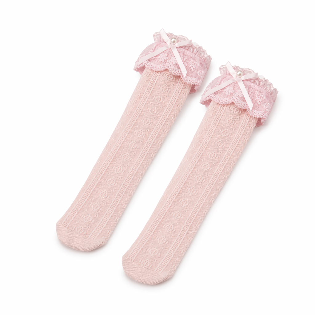 Stunning Lace Knee-High Stockings with Ruffles and Pearl Ribbon Pink