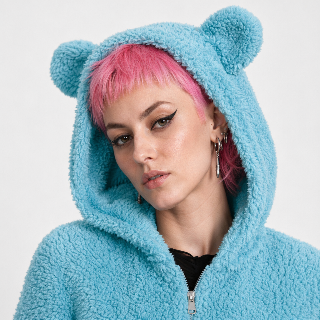 Adorable Vegan Fur Baby Bear Zippered Onesie with Ears Sky Blue
