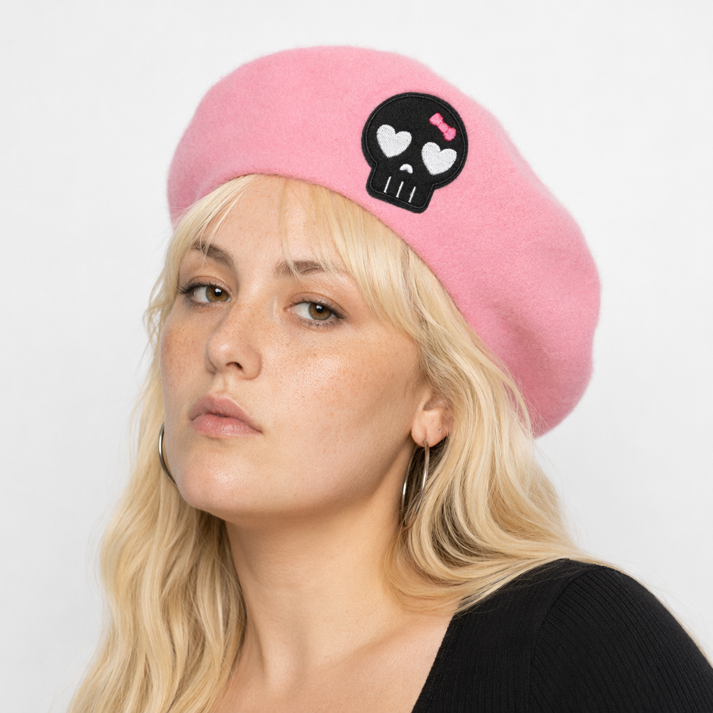 Pink Menhera Nurse Beret for Kawaii Fashion Enthusiasts Pink Black Skull