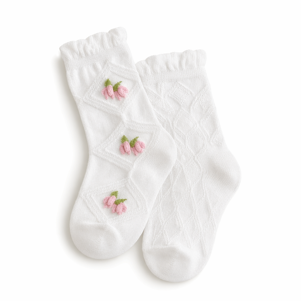 Textured Angelic Socks with Knit Detailing and Rosebud Embellishments No5