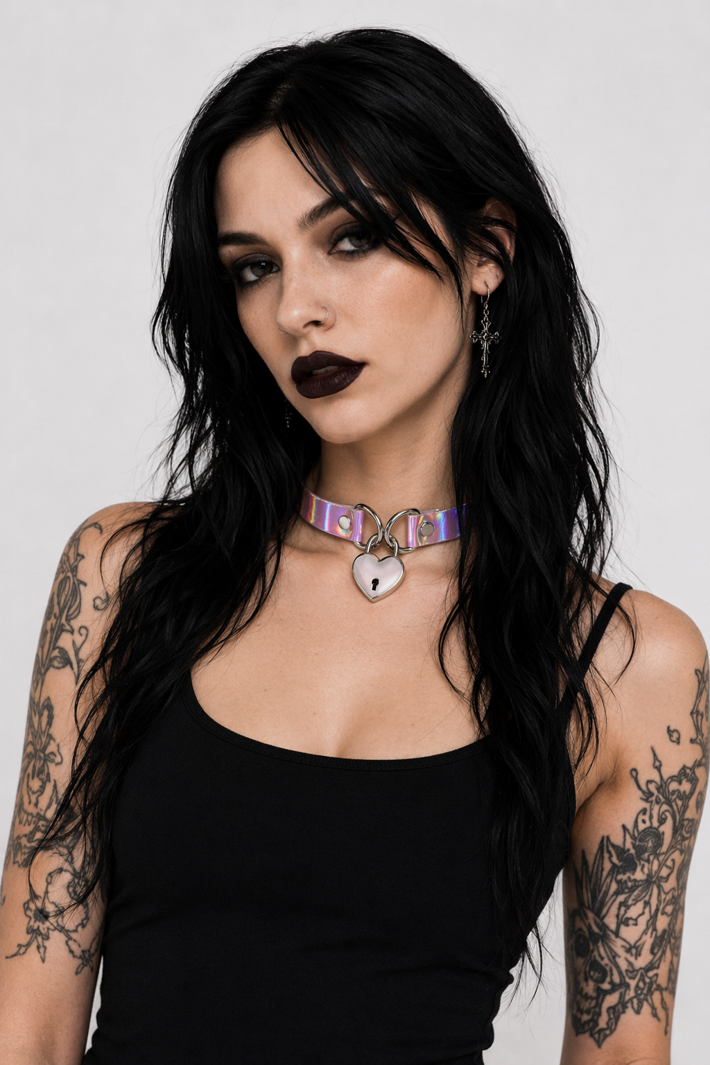 Holographic Lock and Key Choker Collar with Metal Locket Pink