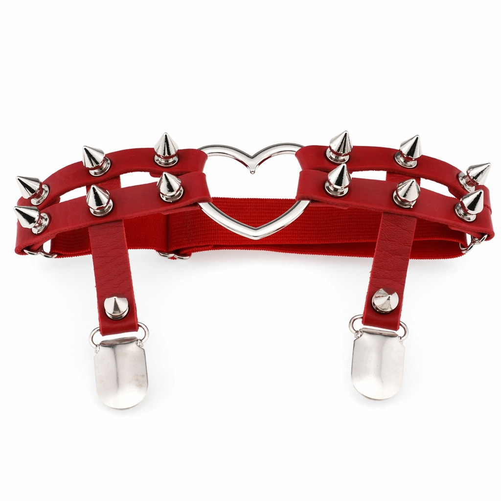 Spiky Garter Belt with Punk Rock Style and Metal Heart Red