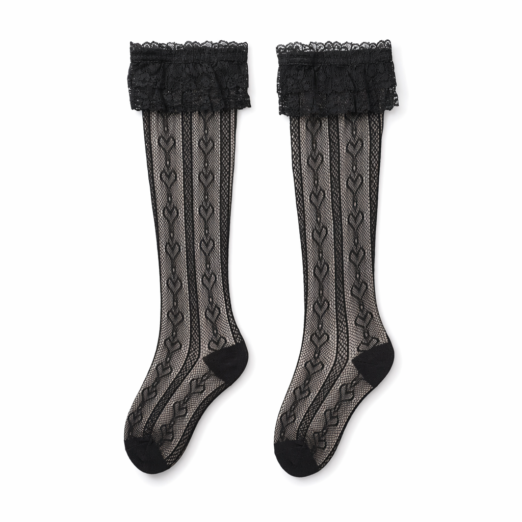 Kawaii Lace Heart and Ribbon Stockings for a Cute Style Upgrade Black Heart Lace