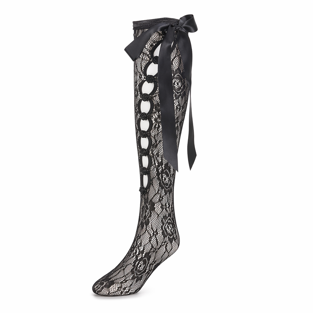 Lolita Lace Ribbon Rosebud Stockings in Black or White Black Lace Side Black Rosebuds