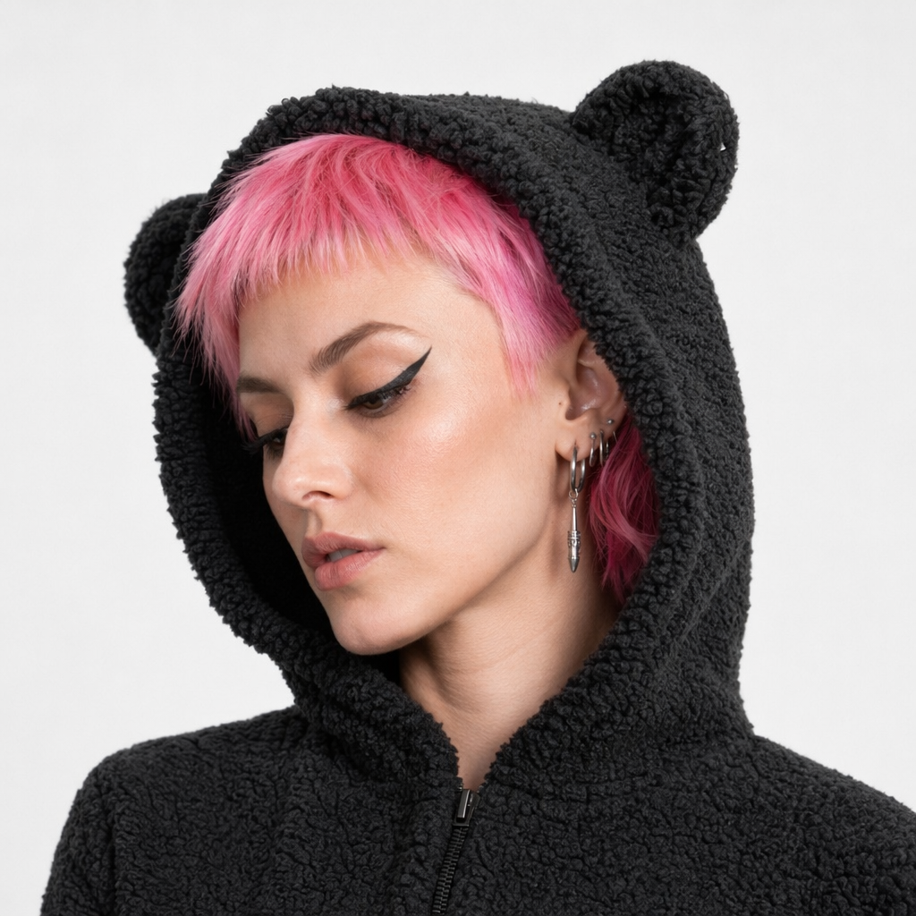 Adorable Vegan Fur Baby Bear Zippered Onesie with Ears Black