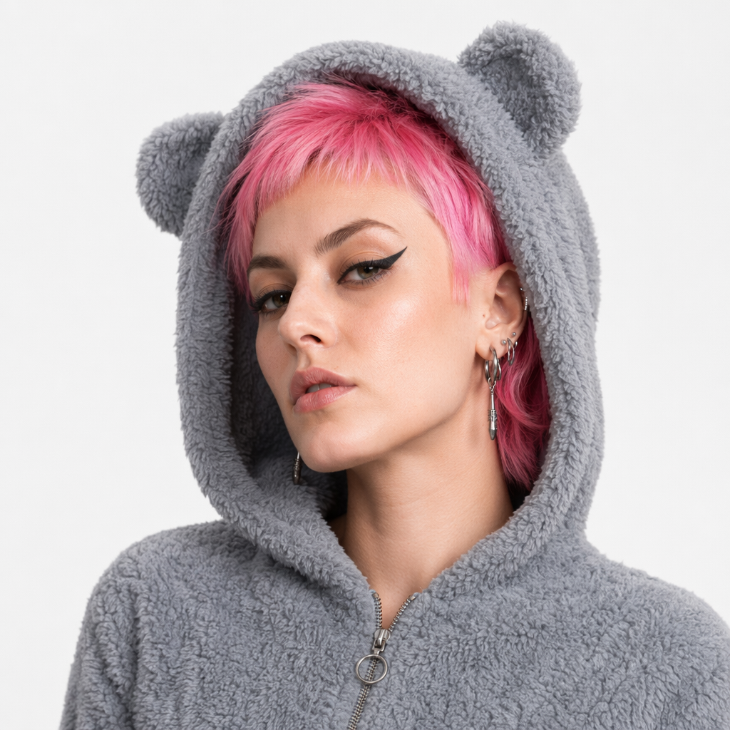 Adorable Vegan Fur Baby Bear Zippered Onesie with Ears Grey
