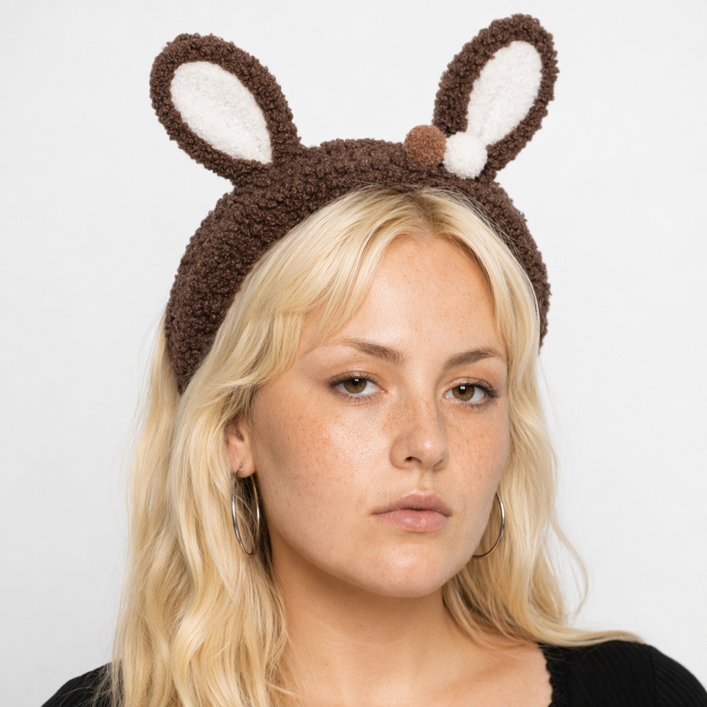 Fluffy Bunny-Eared Headband with Cute Pom Poms Dark Brown