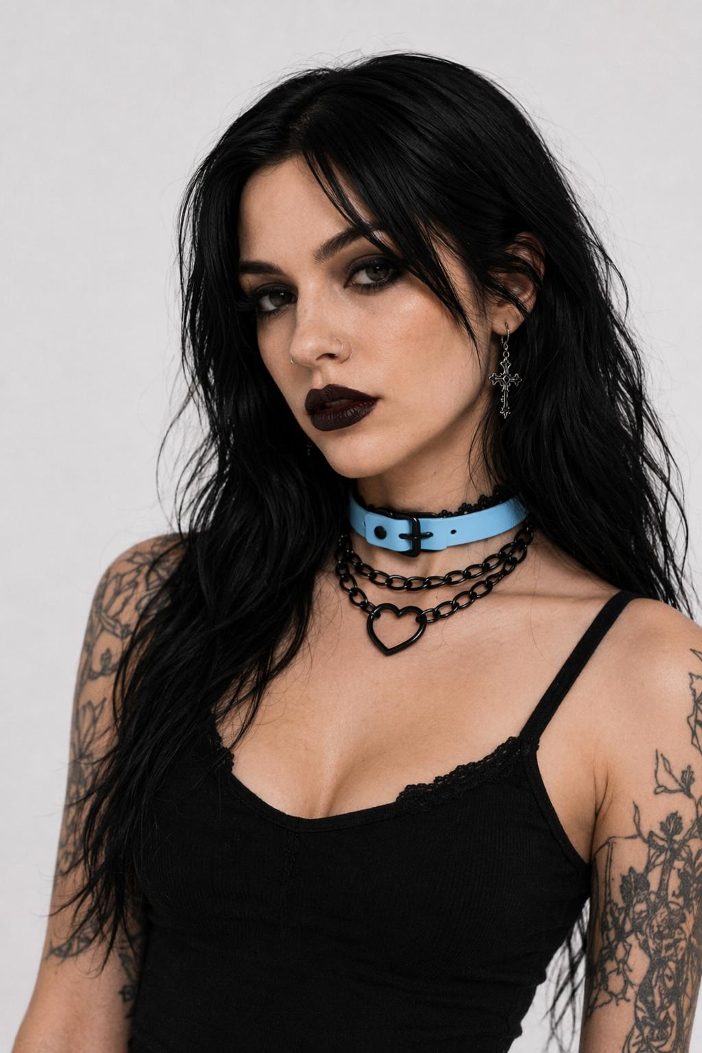 Chained Heart Choker Necklace in Thick Vegan Leather Blue