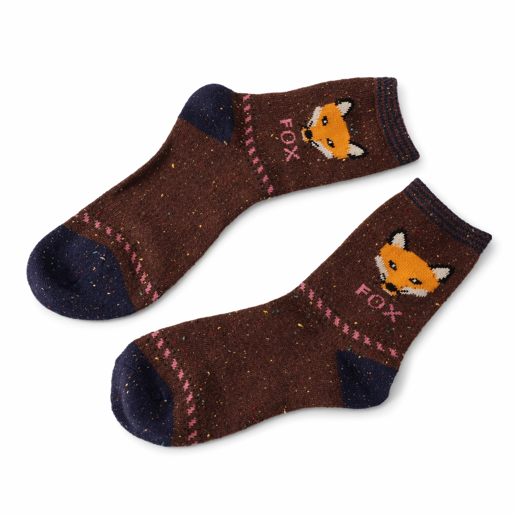 Snow Fox Christmas Socks with Embroidered Design and Vibrant Colors Brown Fox