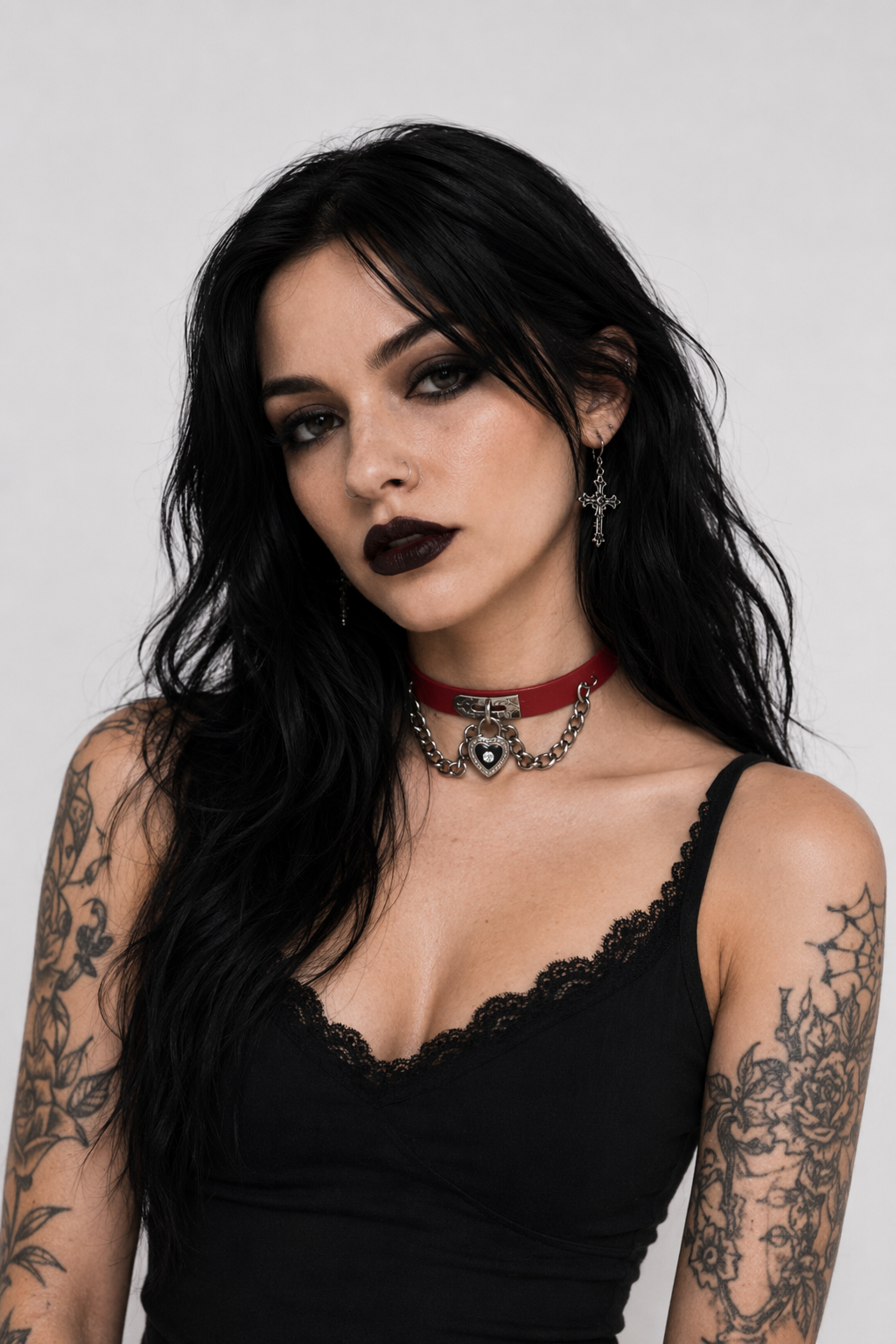 Gothic Victorian Vegan Leather Choker with Heart Locket and Chains Red