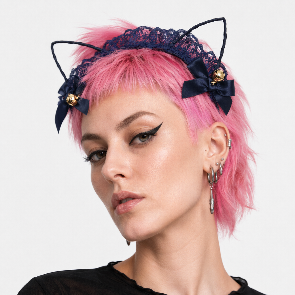 Cute Cat Ear Headband with Gold Bells and Lace Embellishments Navy