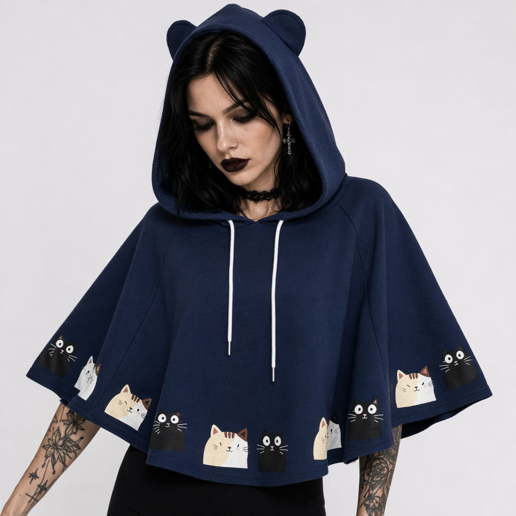 Cat Family Poncho Cape with Bear Ears for Kawaii Fashion Lovers Navy Blue