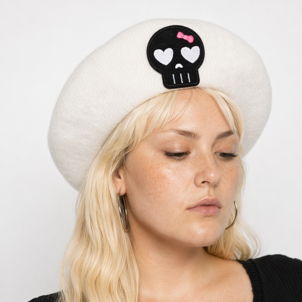 Pink Menhera Nurse Beret for Kawaii Fashion Enthusiasts White Black Skull