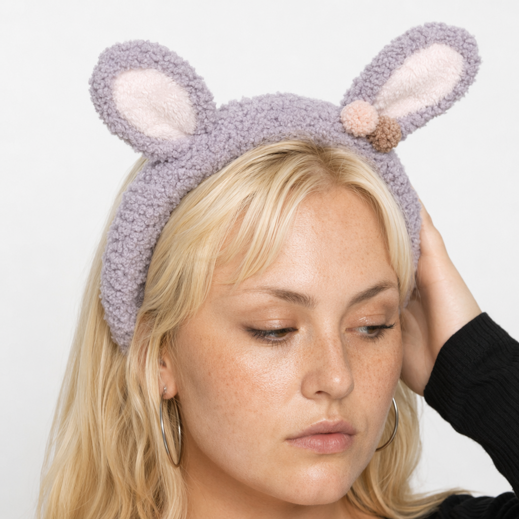 Fluffy Bunny-Eared Headband with Cute Pom Poms Gray