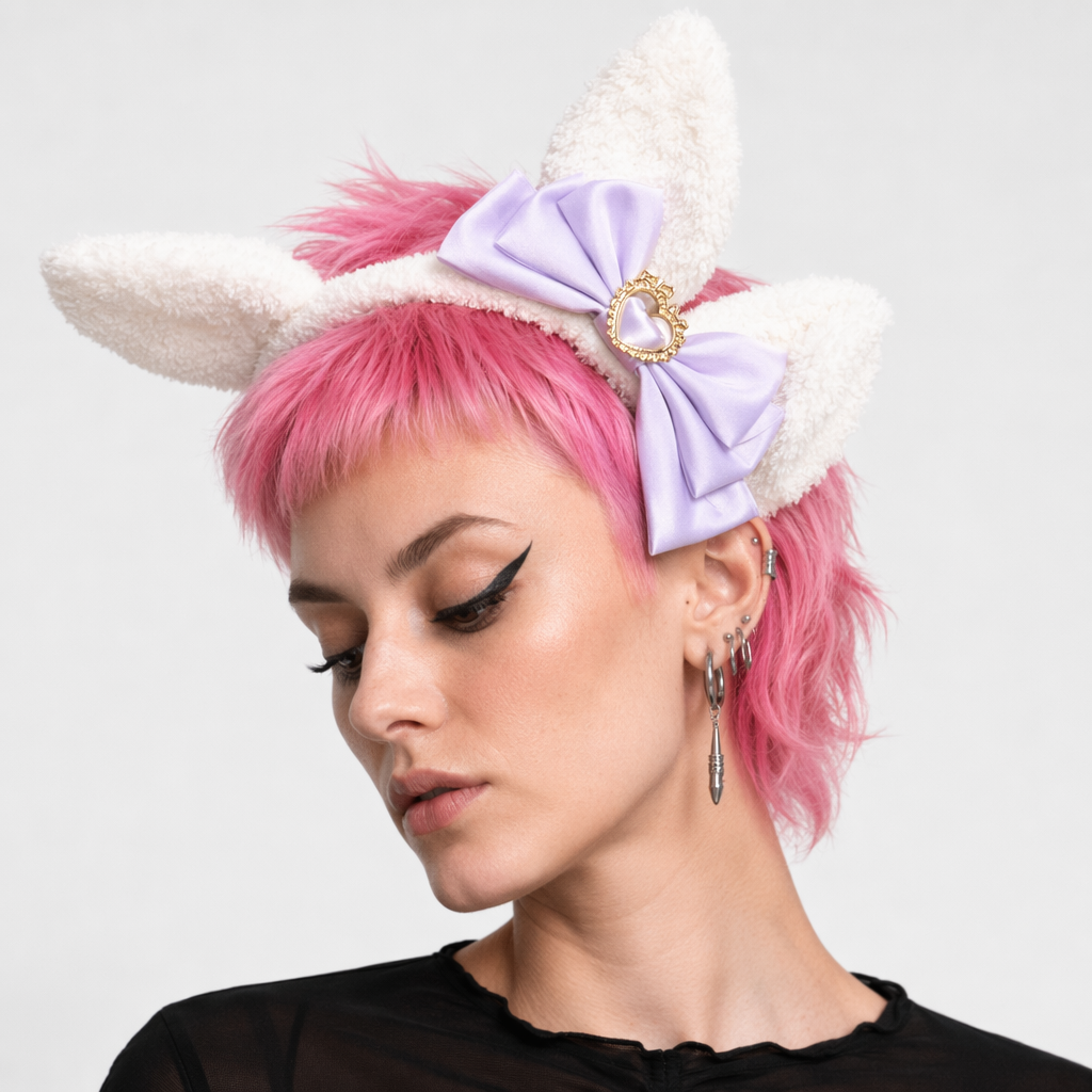 Luxurious Bunny Ears Headband with Satin Ribbons and Jewels Lavender