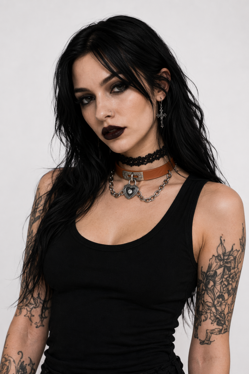Gothic Victorian Vegan Leather Choker with Heart Locket and Chains Tan