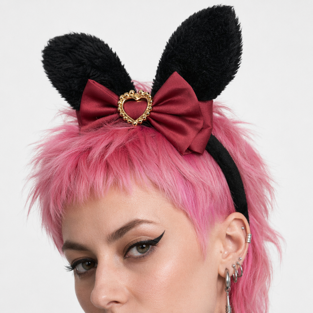 Luxurious Bunny Ears Headband with Satin Ribbons and Jewels Black