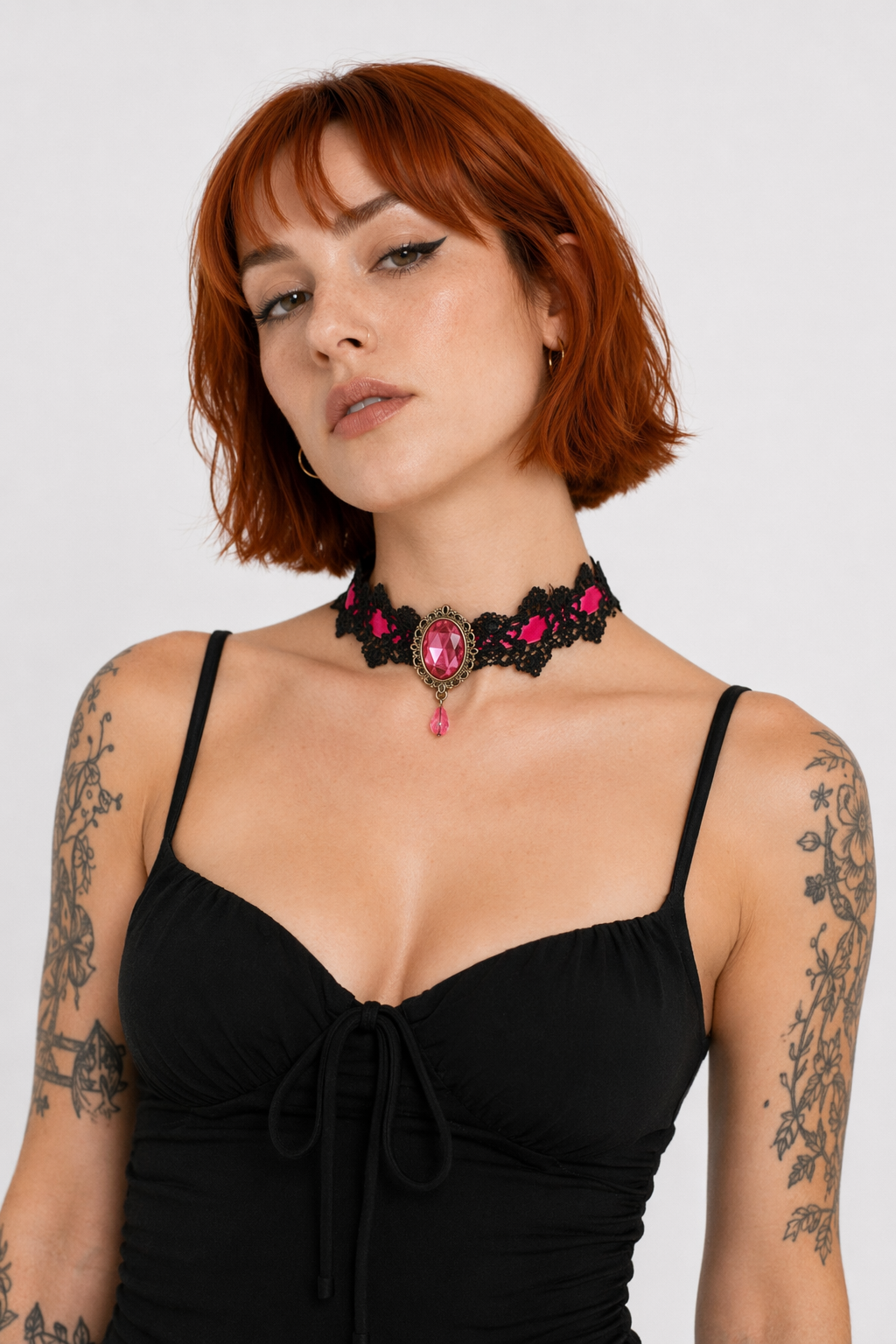 Elegant Victorian Style Choker Necklace with Gold Hardware Pink