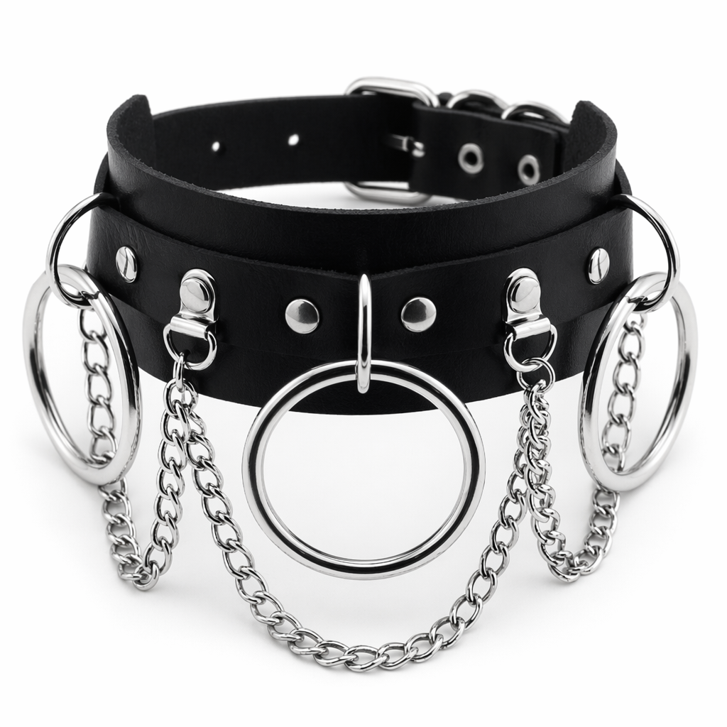 Vegan Leather O-Ring Choker Necklace with Silver Hardware Black