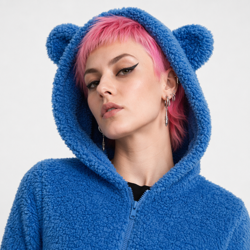 Adorable Vegan Fur Baby Bear Zippered Onesie with Ears Blue
