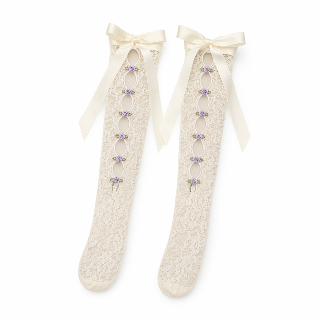 Lolita Lace Ribbon Rosebud Stockings in Black or White Cream Bow Front Purple Rosebuds