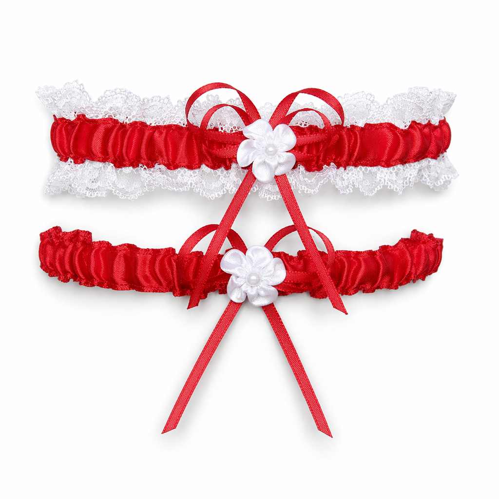 Ruffled Vegan Garter Belt Set with Chiffon and Lace Details Red