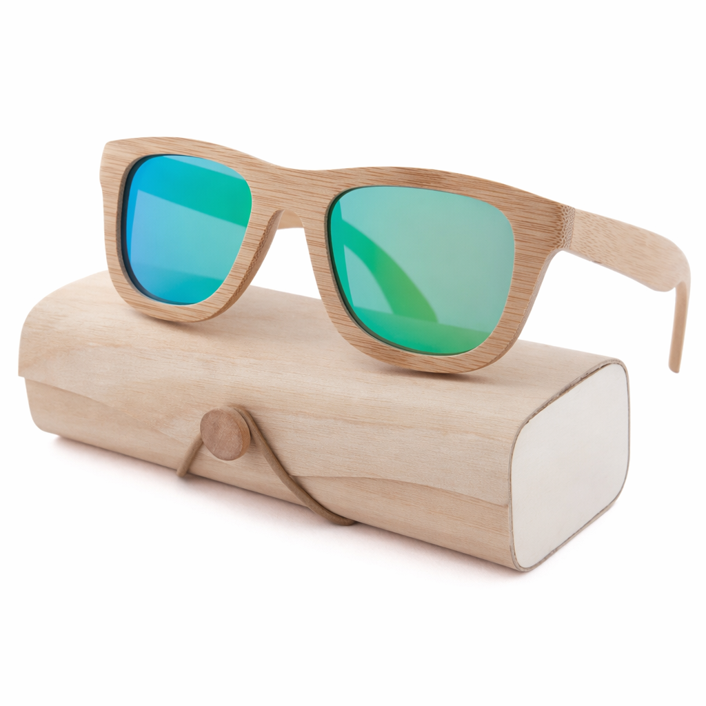 Chic Bamboo Wood Sunglasses for Style and UV Protection Teal with case