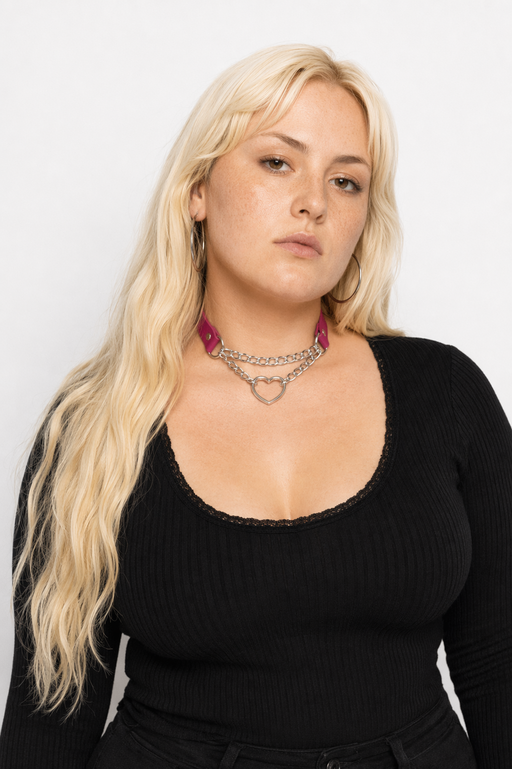 Thick Vegan Leather Chained Heart Choker Necklace Magenta