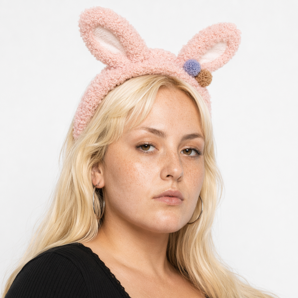 Fluffy Bunny-Eared Headband with Cute Pom Poms Baby Pink