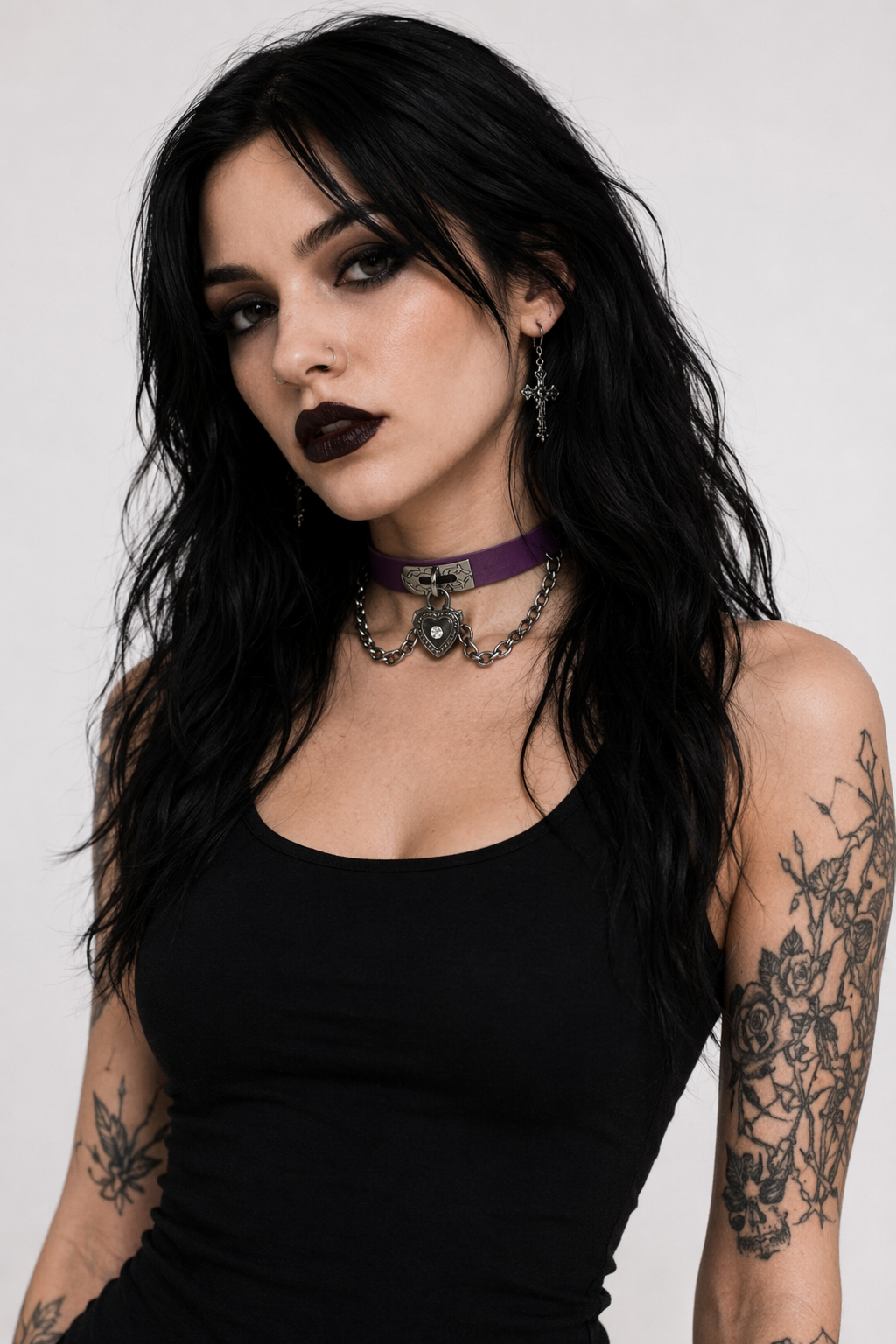 Gothic Victorian Vegan Leather Choker with Heart Locket and Chains Purple