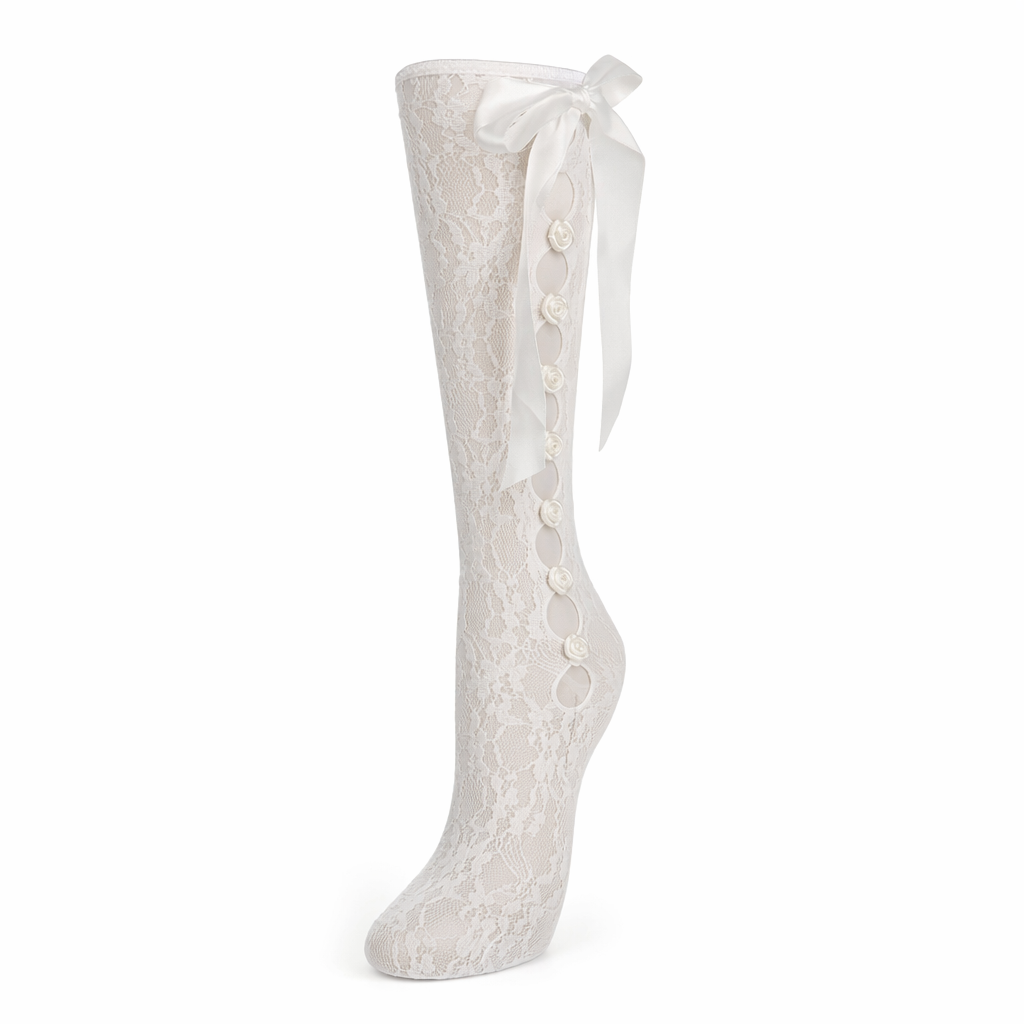 Lolita Lace Ribbon Rosebud Stockings in Black or White White Bow Side White Rosebuds
