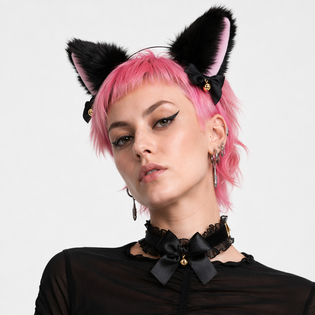 Luxurious Fox Cat Tail Set with Ear Headband and Lace Collar Black