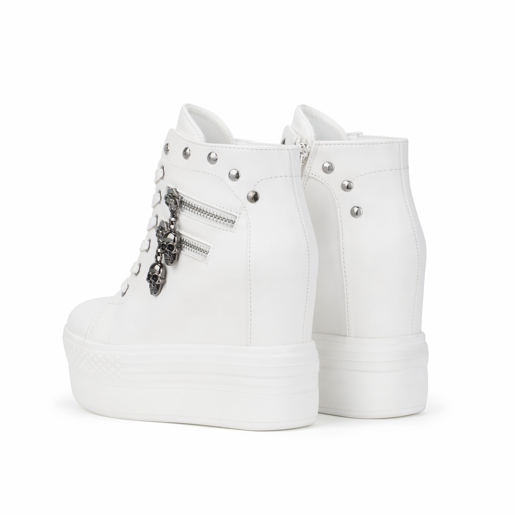 Chunky Wedge Platform Sneakers with Studs and Skull Zippers White