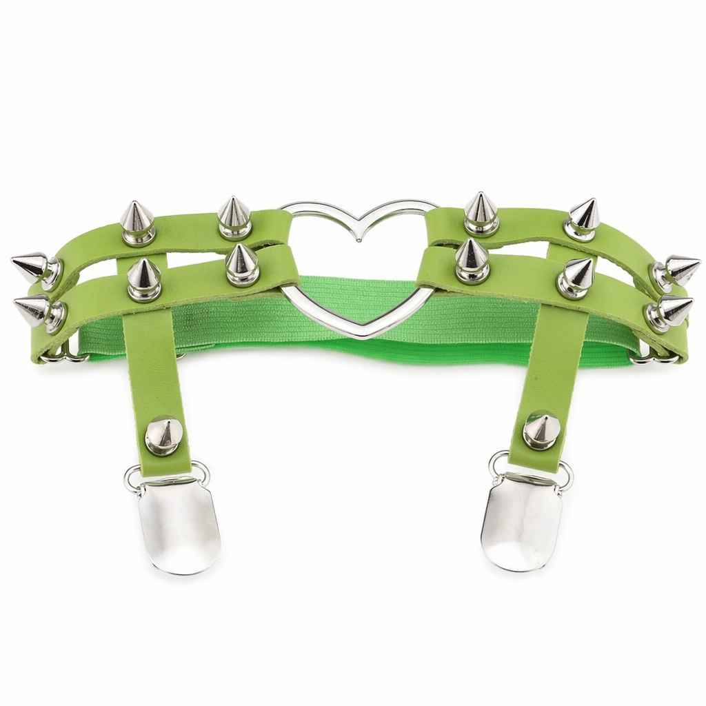 Spiky Garter Belt with Punk Rock Style and Metal Heart Green