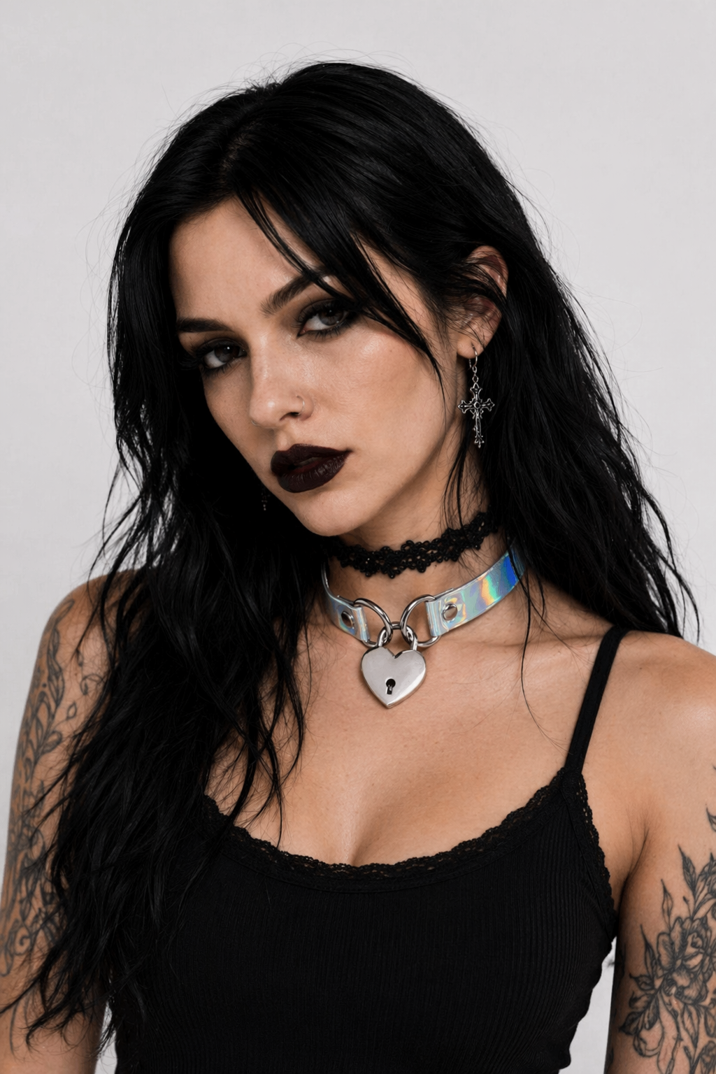Holographic Lock and Key Choker Collar with Metal Locket Silver