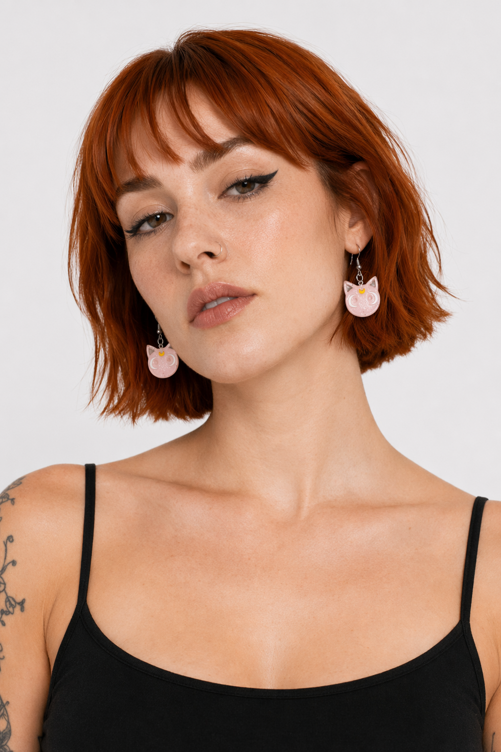 Glittery Cat Earrings with Half Moons in Resin Art Pink