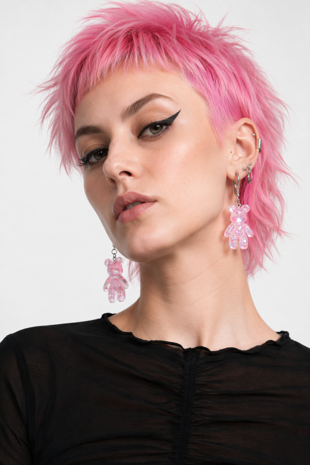 Kawaii Large Bear Earrings in Bright Glittery Colors Pink