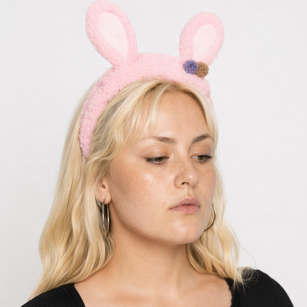 Fluffy Bunny-Eared Headband with Cute Pom Poms Bright Pink