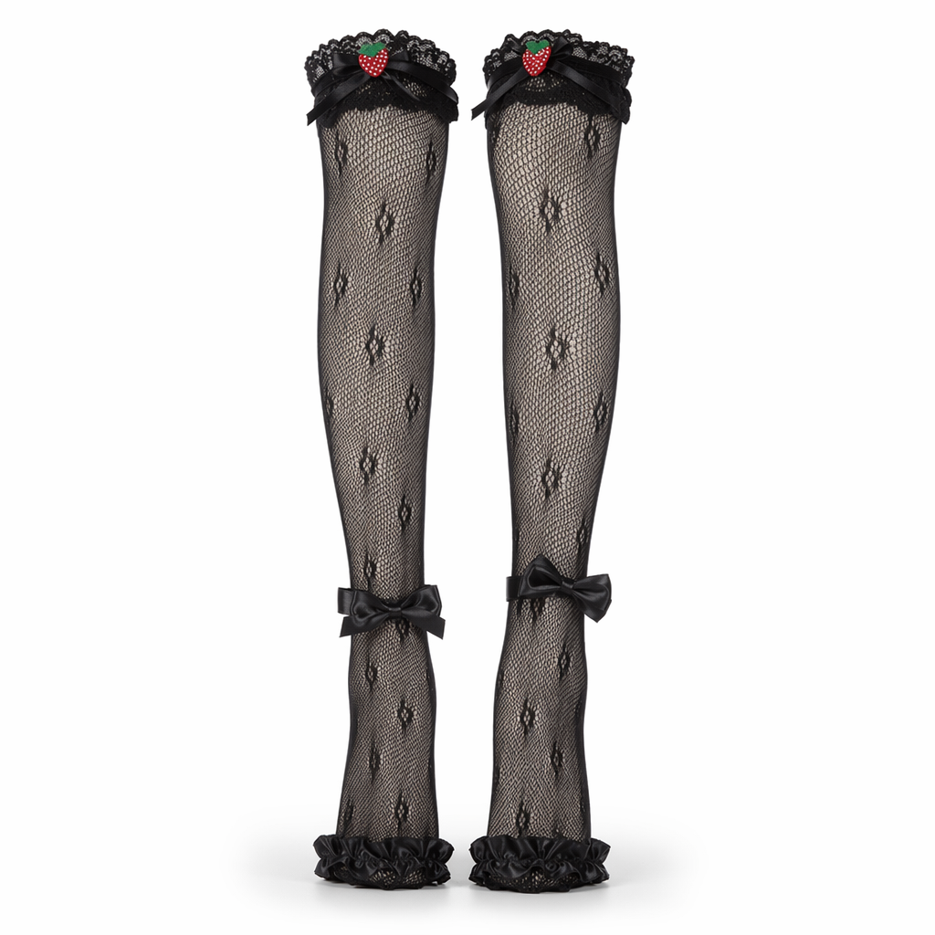 Lace Knee-High Stockings with Ruffles and Strawberry Silk Ribbon Black