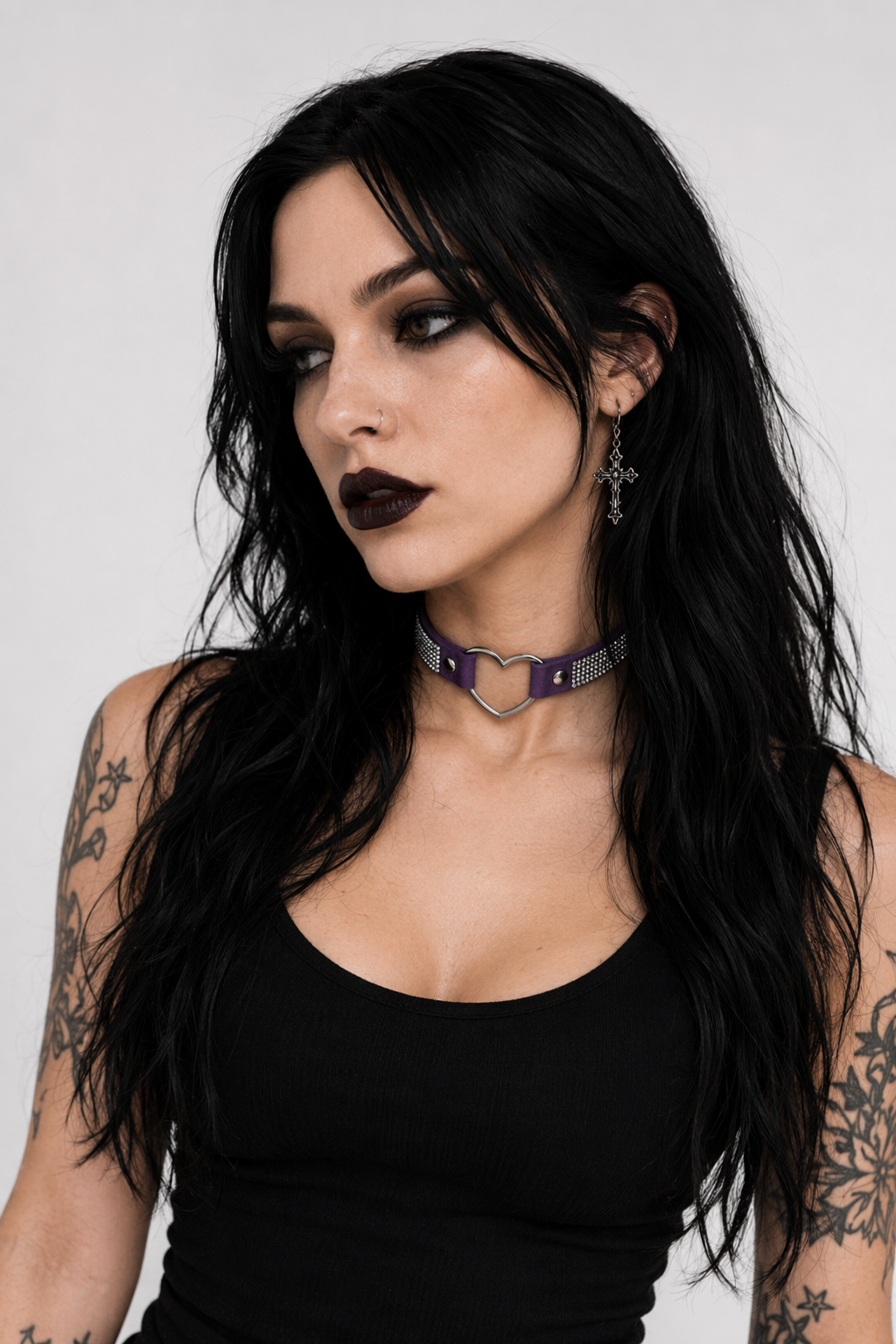 Rhinestone Heart Choker Necklace for Kawaii Aesthetic Princesses Dark Purple