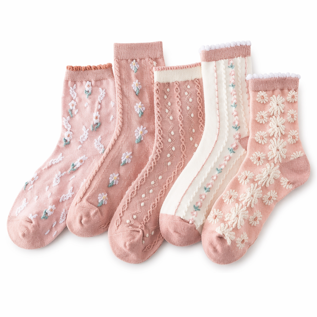 Pink Vintage Floral Socks for Kawaii and Fairycore Styles Set2-Pink style 2