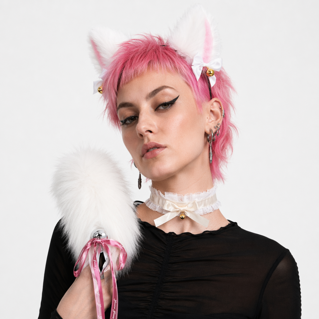 Luxurious Fox Cat Tail Set with Ear Headband and Lace Collar White
