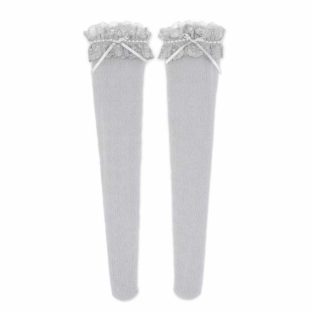 Stunning Lace Knee-High Stockings with Ruffles and Pearl Ribbon Grey