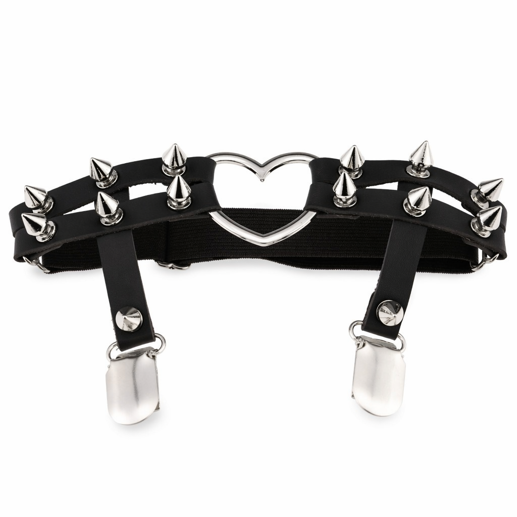 Spiky Garter Belt with Punk Rock Style and Metal Heart Black