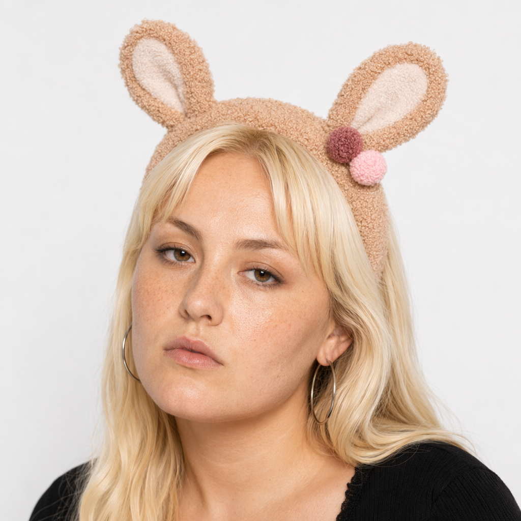 Fluffy Bunny-Eared Headband with Cute Pom Poms Light Brown